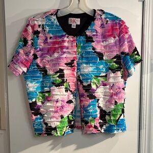 R&K Originals Vtg  Colorful Floral light ruffle jacket or coverup. Fits M/L